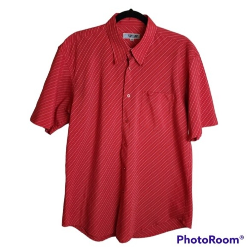 Vintage Button Front Short Sleeve Red Striped Shirt Mens Medium